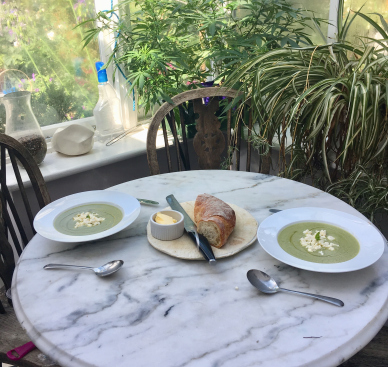 Runnerbean soup, with mint and feta.